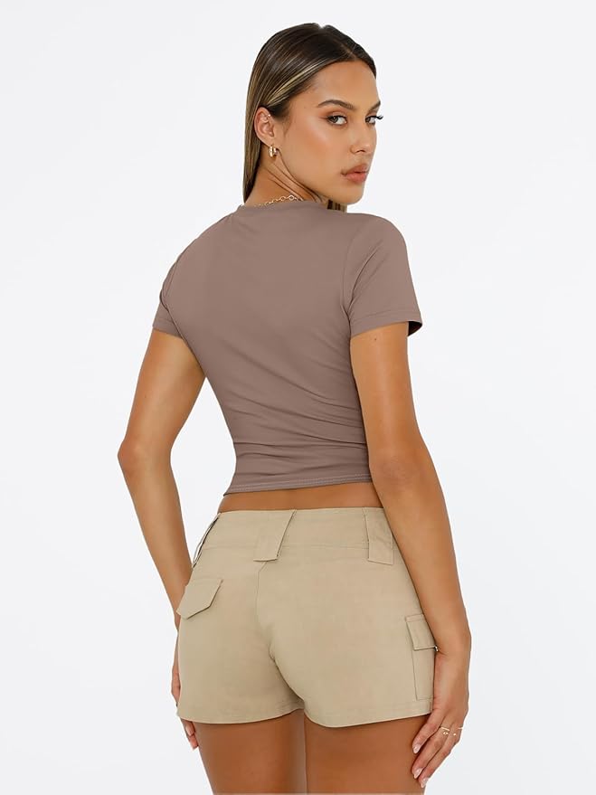 Trendy Queen Womens Short Sleeve T Shirts - Buttery Soft Summer Crop Tops Slim Fit Y2k Basic Tees for Workout