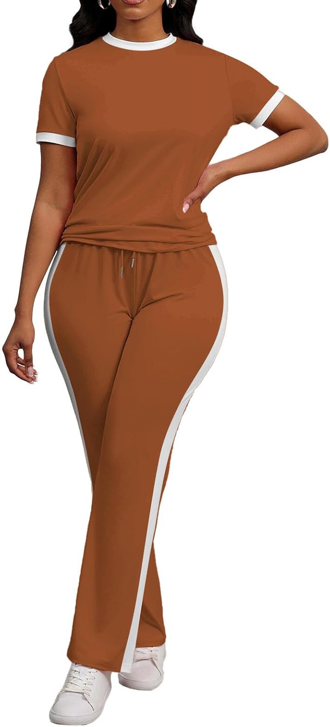 PINSV Women's 2 Piece Outfits Short Sleeve Tops Sweatpants Colorblock Bodycon Lounge Sets Tracksuit