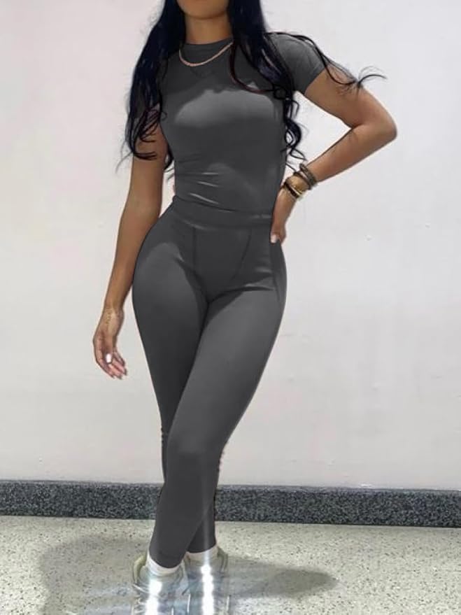 AYWA Two Piece Outfits for Women Fitted Crew Neck T-shirt High Waist Leggings Biker Shorts Matching Sets Streetwear