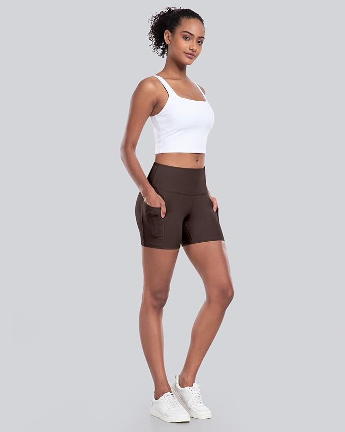 CHRLEISURE Womens Biker Yoga Shorts with Pocket, High Waisted Tummy Control 5 Inch Workout Spandex Athletic Gym Shorts