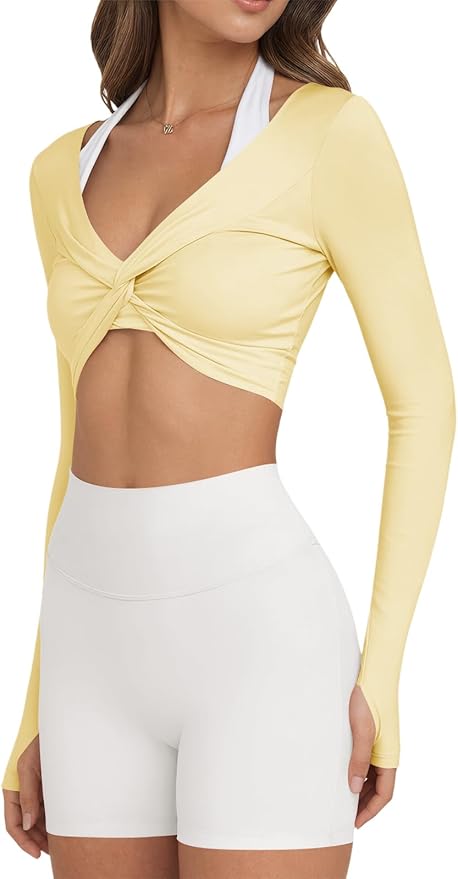 Yousify Womens Long Sleeve Workout Crop Tops Twist Deep V Neck Y2k Yoga Pilates Ballet T Shirt Top with Thumb Holes