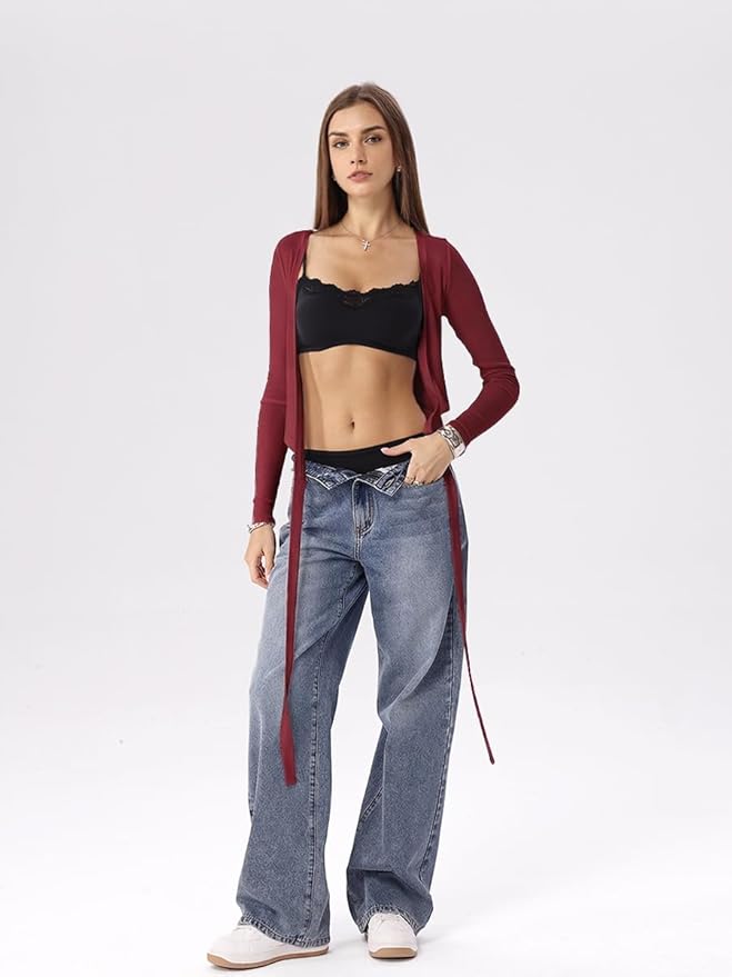 Danysu Ballet Wrap Tops Long Sleeve Cross Tie Crop Shirts Deep V-Neck Dance Clothes Fall Cardigans