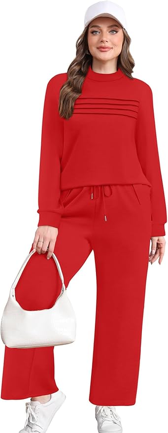 WIHOLL Two Piece Sets for Women Spring Travel Vacation Outfits 2026 Long Sleeve Lounge Sets Side Slit Wide Leg Pants S-3XL
