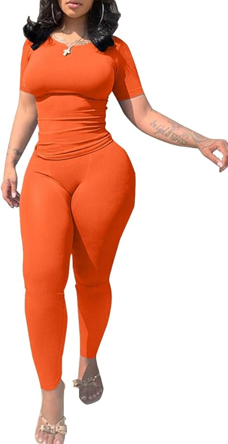 PINSV 2 Piece Sets for Women Summer Casual Jogger Workout Outfits Fitted Crew Neck T-shirt High Waist Legging Sets