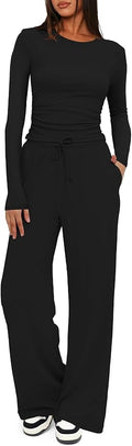 Darong Women's 2 Piece Outfits Lounge Sets 2026 Long Sleeve Tops Wide Leg Pants Casual Matching Set