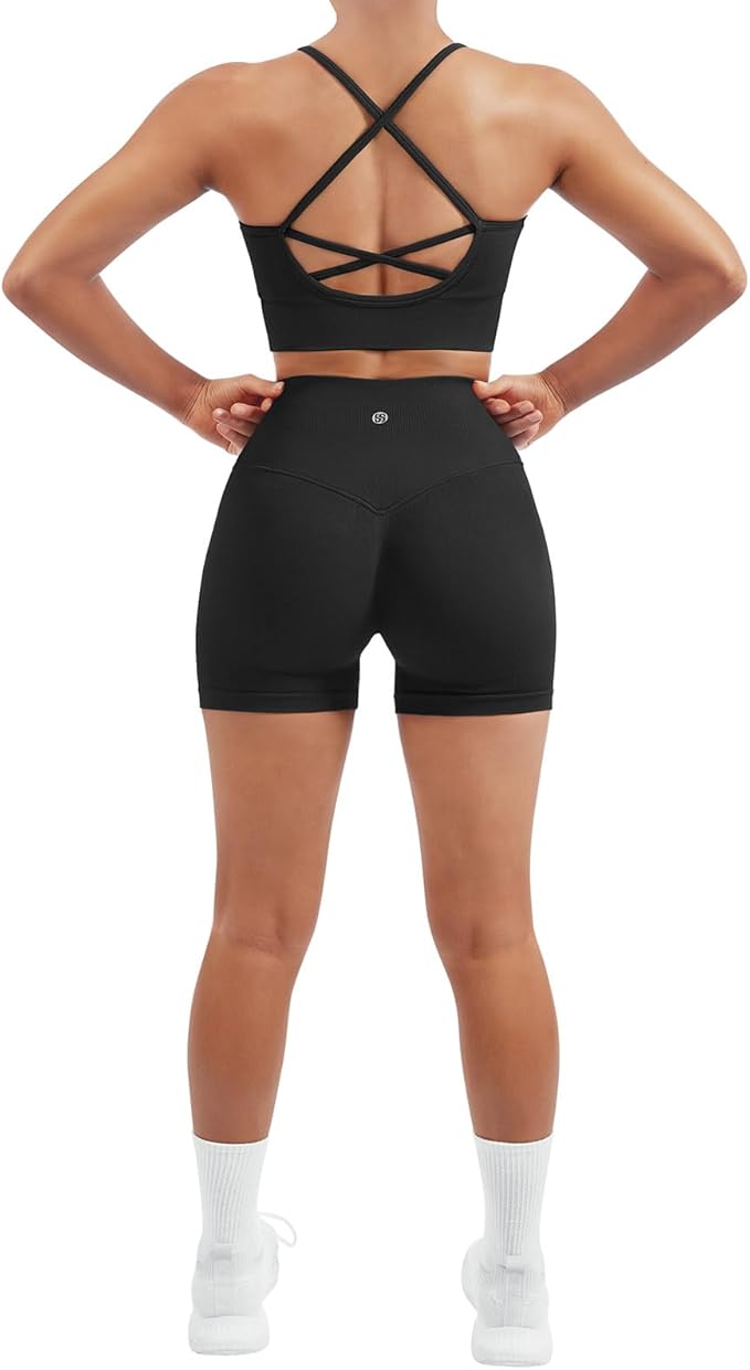 SUUKSESS Women Seamless 2 Piece Workout Sets Criss Cross Sports Bra High Waist Booty Shorts