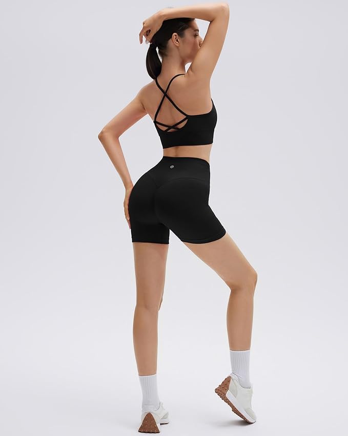 SUUKSESS Women Seamless 2 Piece Workout Sets Criss Cross Sports Bra High Waist Booty Shorts