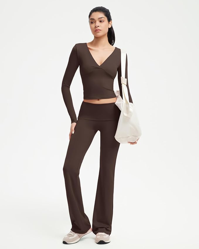 SUUKSESS Women 2 pieces Lounge Sets Long Sleeve V Neck Tops Fold Over Flare Leggings