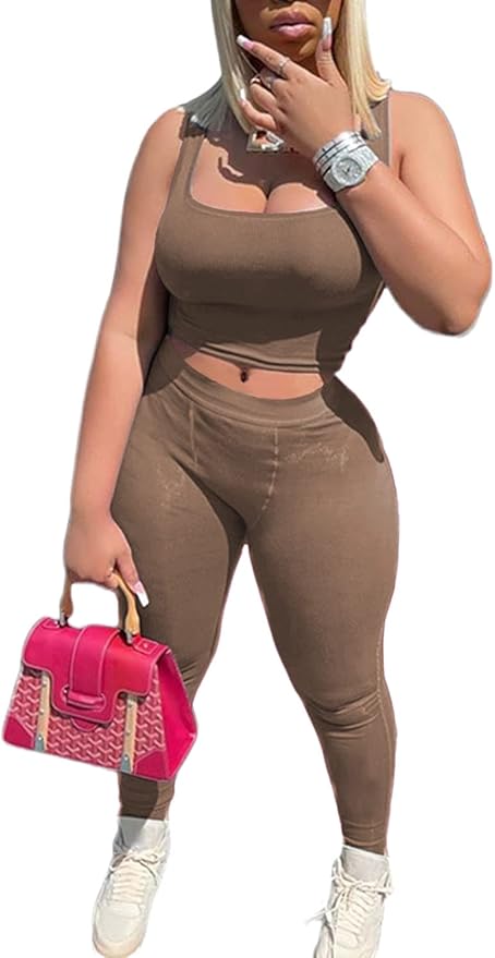 LICOBOD Casual Workout Sets 2 Piece Outfits for Women Ribbed Crop Tank Top High Waist Yoga Leggings Lounge Wear Tracksuit