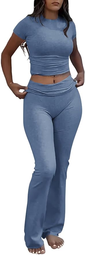 YETOWA Women's 2 Piece Lounge Outfits Slim Short Sleeve Tops Low Rise Flare Leggings Sets Yoga Sweatsuit