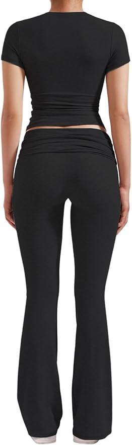 YETOWA Women's 2 Piece Lounge Outfits Slim Short Sleeve Tops Low Rise Flare Leggings Sets Yoga Sweatsuit