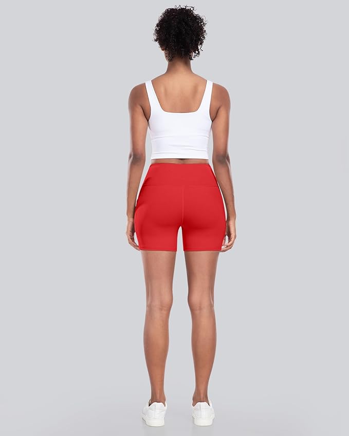 CHRLEISURE Womens Biker Yoga Shorts with Pocket, High Waisted Tummy Control 5 Inch Workout Spandex Athletic Gym Shorts