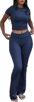 YETOWA Women's 2 Piece Lounge Outfits Slim Short Sleeve Tops Low Rise Flare Leggings Sets Yoga Sweatsuit