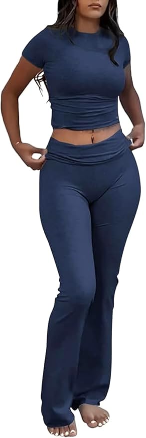YETOWA Women's 2 Piece Lounge Outfits Slim Short Sleeve Tops Low Rise Flare Leggings Sets Yoga Sweatsuit