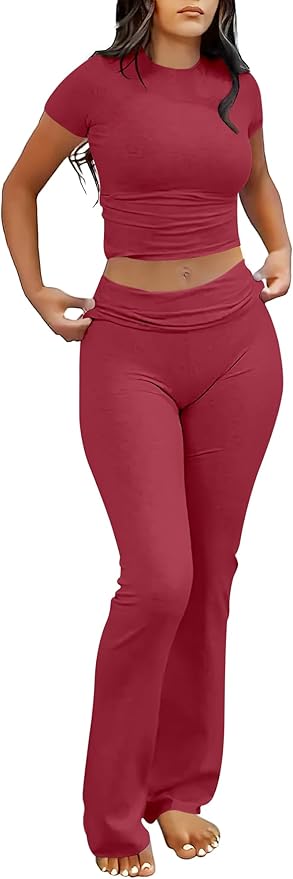 ANRABESS Lounge Sets for Women 2 Piece Foldover Yoga Flare Leggings Pants Crop Tops Casual Y2K Outfits Matching Tracksuit Set