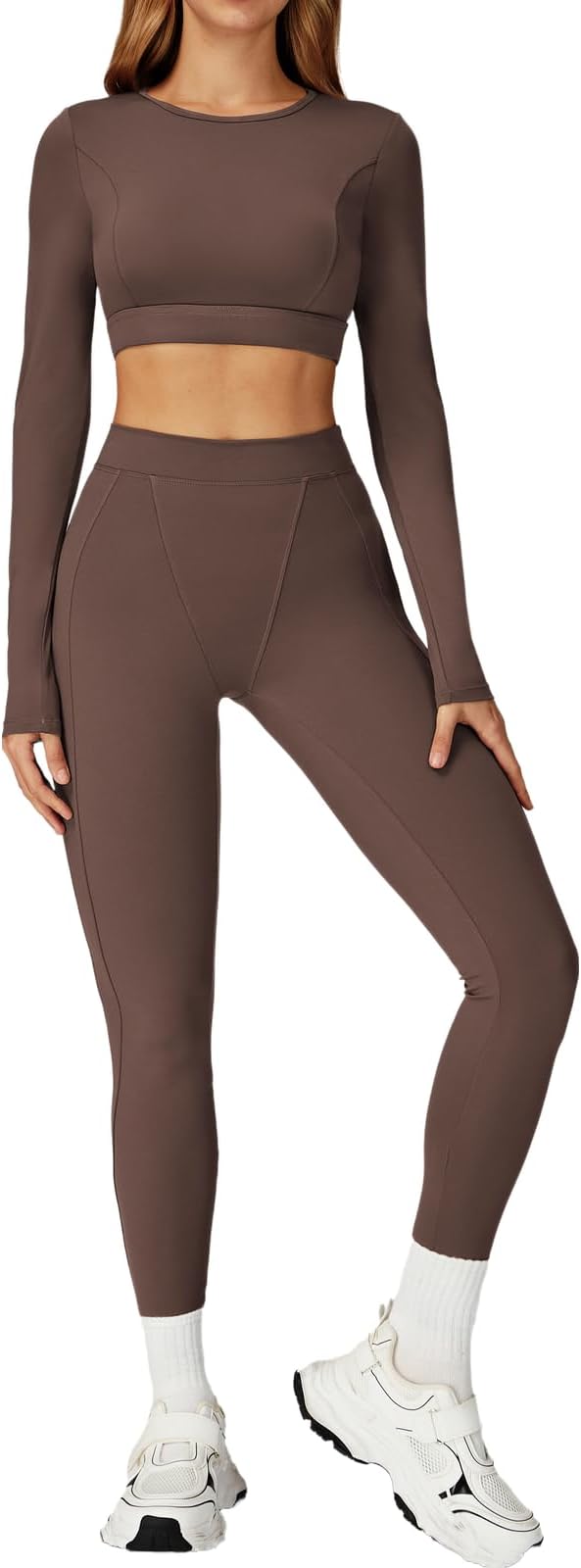 Women’s 2 Piece Workout Set Long Sleeve Crop Top & High Waist Leggings | Stretch Activewear for Gym & Yoga