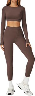 Women’s 2 Piece Workout Set Long Sleeve Crop Top & High Waist Leggings | Stretch Activewear for Gym & Yoga