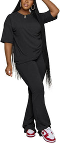PINSV Women 2 Piece Outfits Short Sleeve Top and Flare Pants Lounge Sets Tracksuit
