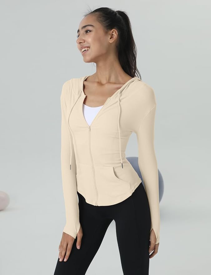 Locachy Womens Slim Fit Full Zip Hoodie Athletic Jacket Yoga Workout Running Jackets with Thumb Holes