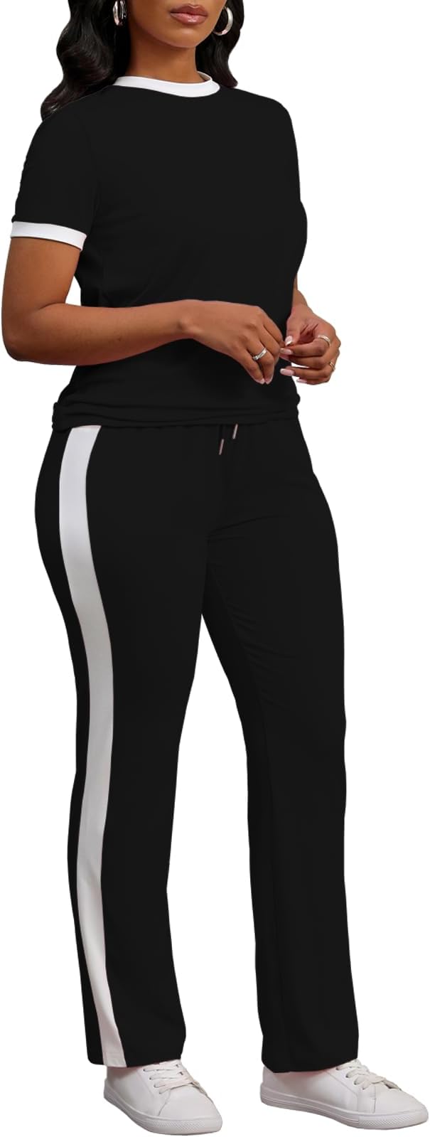 PINSV Women's 2 Piece Outfits Short Sleeve Tops Sweatpants Colorblock Bodycon Lounge Sets Tracksuit