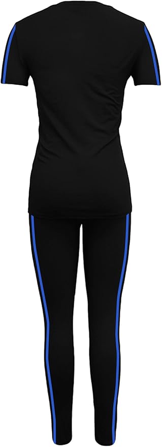 Women's 2 Piece Outfits Sweatsuit Summer Workout Striped Short Sleeve Long Sweatpants Casual Jogging Lounge Set