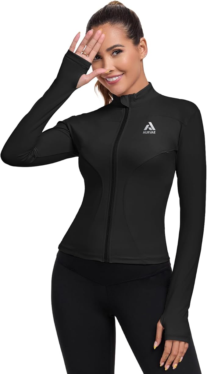 Women's Full Zip Workout Jacket Lightweight Running Slim Fit Athletic Jackets With Thumb Holes