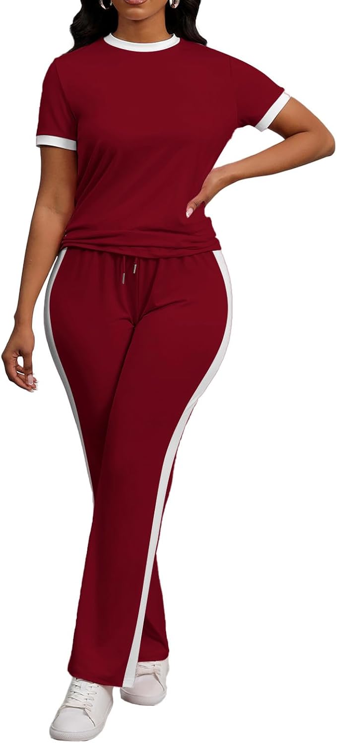 PINSV Women's 2 Piece Outfits Short Sleeve Tops Sweatpants Colorblock Bodycon Lounge Sets Tracksuit