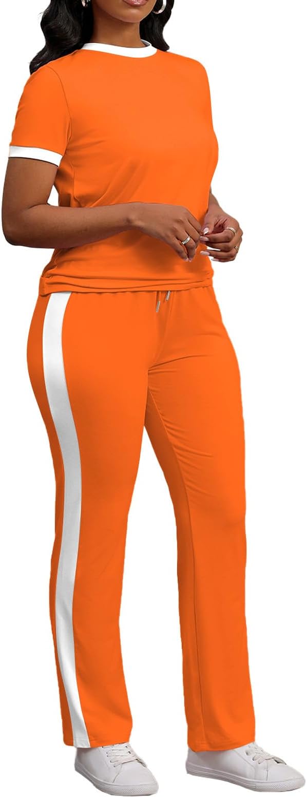 PINSV Women's 2 Piece Outfits Short Sleeve Tops Sweatpants Colorblock Bodycon Lounge Sets Tracksuit