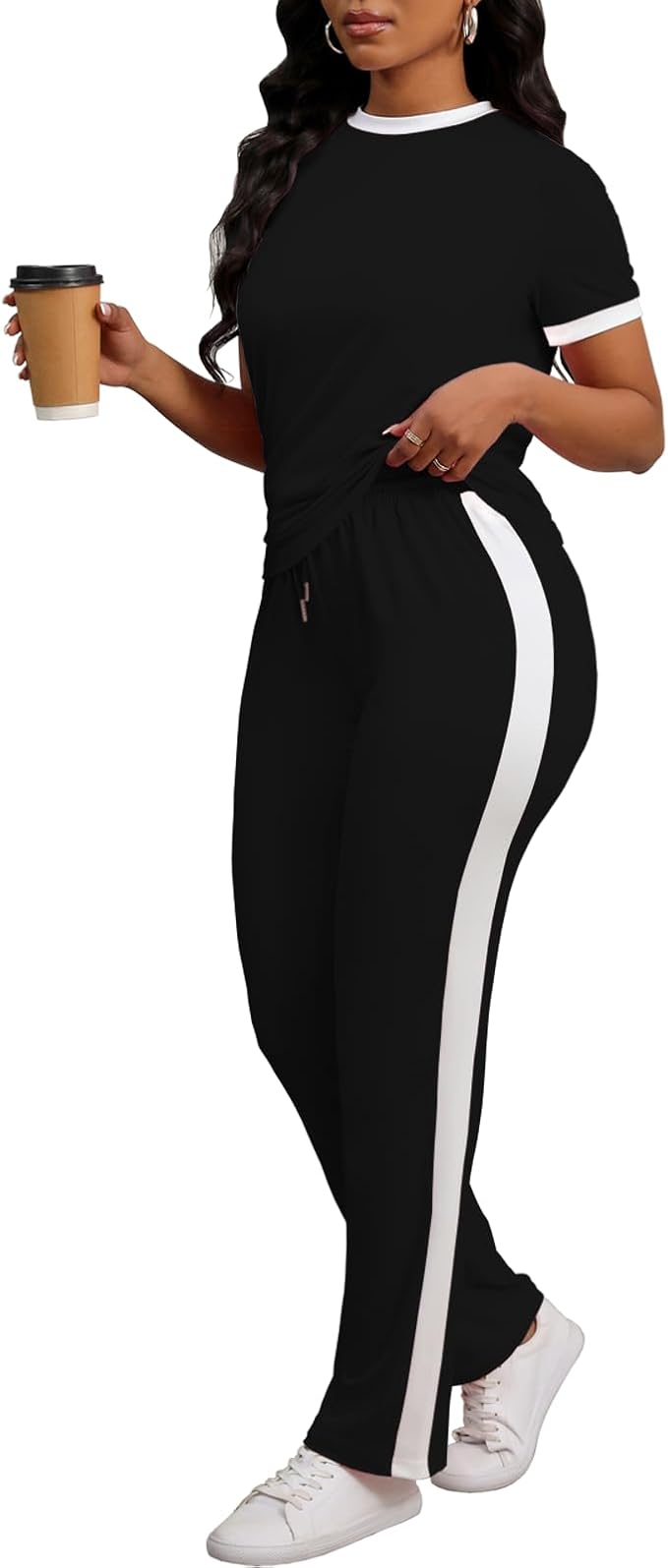 PINSV Women's 2 Piece Outfits Short Sleeve Tops Sweatpants Colorblock Bodycon Lounge Sets Tracksuit