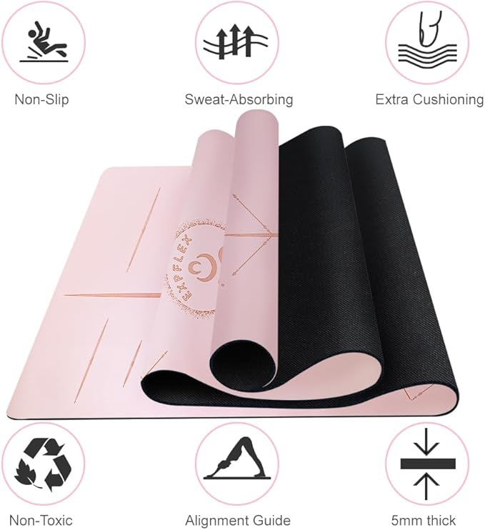 Natural Rubber Yoga Mat - Non Slip Non Toxic - 72’'x26.8''x5mm - Hot Yoga, Pilates, Floor Workout - For Women and Men - with Carrying Bag (Soft Rose)