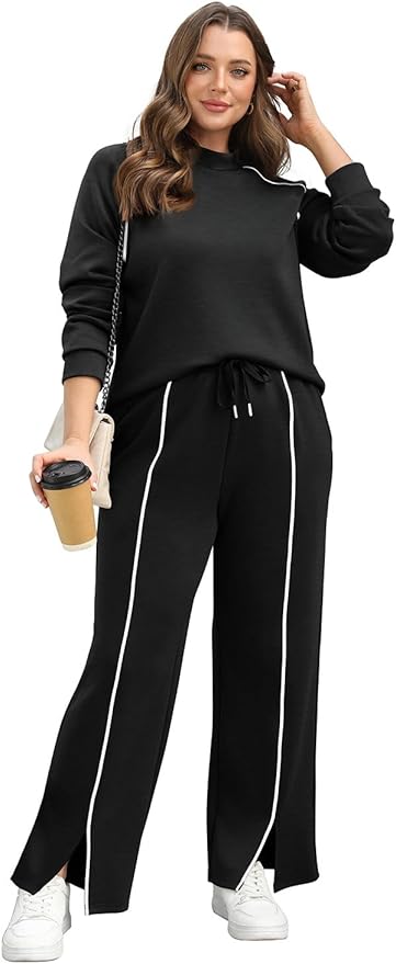 WIHOLL Lounge Sets for Women 2 Piece Fall Outfits 2025 Wide Leg Pant Matching Sets Womens Clothing
