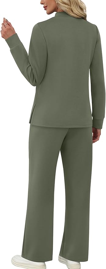 WIHOLL Two Piece Sets for Women Spring Travel Vacation Outfits 2026 Long Sleeve Lounge Sets Side Slit Wide Leg Pants S-3XL
