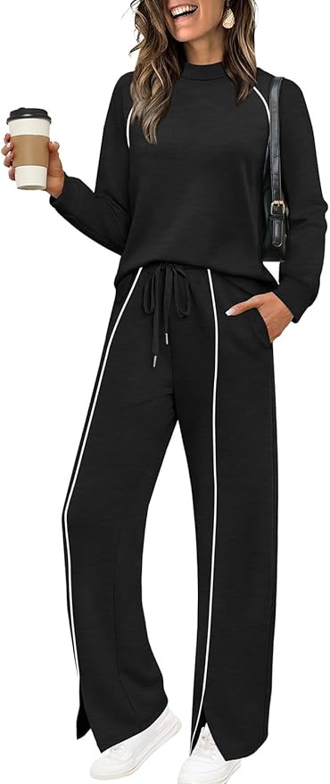 WIHOLL Lounge Sets for Women 2 Piece Fall Outfits 2025 Wide Leg Pant Matching Sets Womens Clothing