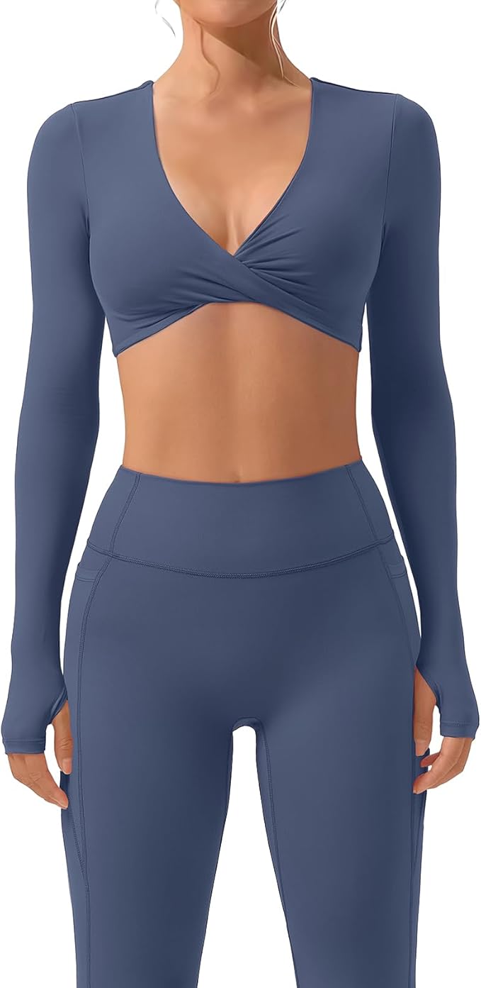 SUUKSESS Women 2 Piece Workout Sets Long Sleeve Twist Deep V Crop Padded Tops Yoga Leggings with Side Pockets