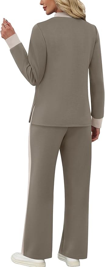 WIHOLL Two Piece Sets for Women Spring Travel Vacation Outfits 2026 Long Sleeve Lounge Sets Side Slit Wide Leg Pants S-3XL