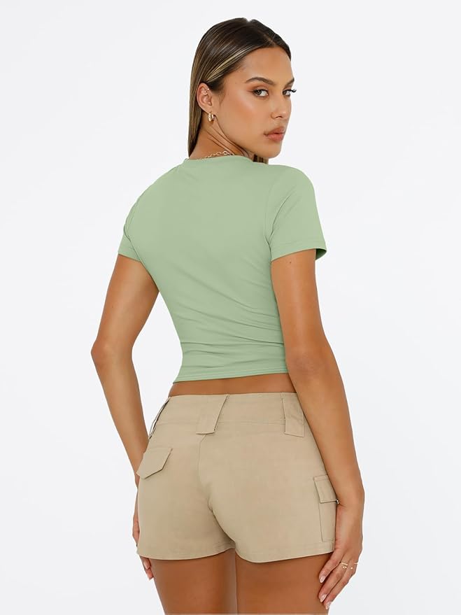 Trendy Queen Womens Short Sleeve T Shirts - Buttery Soft Summer Crop Tops Slim Fit Y2k Basic Tees for Workout