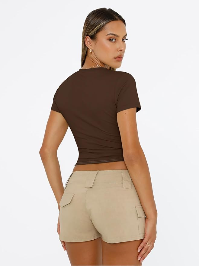 Trendy Queen Womens Short Sleeve T Shirts - Buttery Soft Summer Crop Tops Slim Fit Y2k Basic Tees for Workout