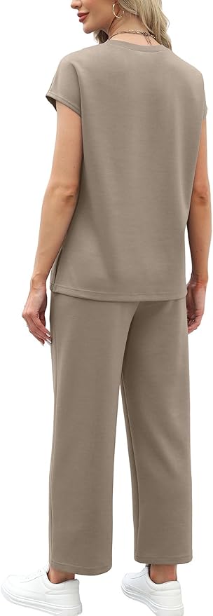 WIHOLL Two Piece Sets for Women Summer Spring Travel Vacation Outfits Cap Sleeve Lounge Matching Sets Wide Leg Pants S-3XL