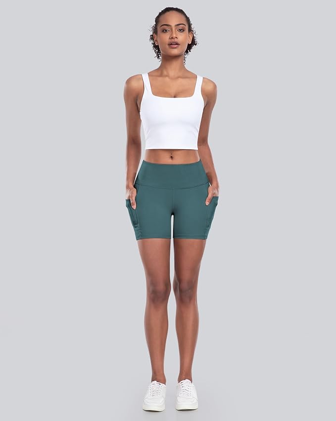 CHRLEISURE Womens Biker Yoga Shorts with Pocket, High Waisted Tummy Control 5 Inch Workout Spandex Athletic Gym Shorts