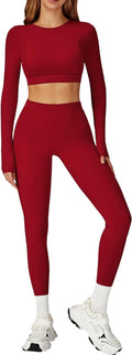 Women’s 2 Piece Workout Set Long Sleeve Crop Top & High Waist Leggings | Stretch Activewear for Gym & Yoga