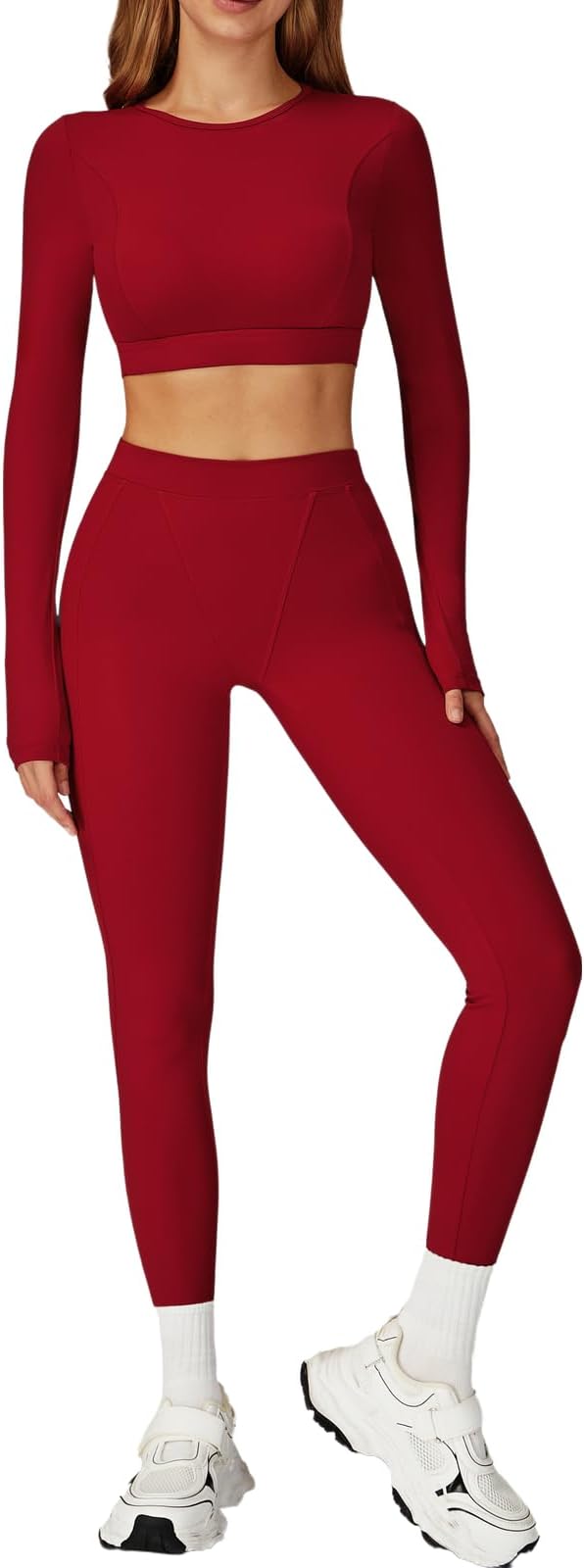 Women’s 2 Piece Workout Set Long Sleeve Crop Top & High Waist Leggings | Stretch Activewear for Gym & Yoga