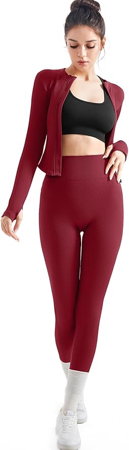 SUUKSESS Women 2 Piece Seamless Ribbed Workout Sets With Zip Up Jacket High Waisted Gym Yoga Leggings