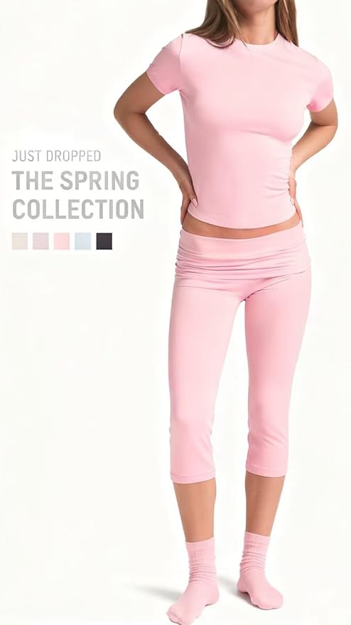 YETOWA Womens 2 Piece Workout Sets High Waisted Tummy Control Crop Top Capri Leggings Stretchy Soft Activewear