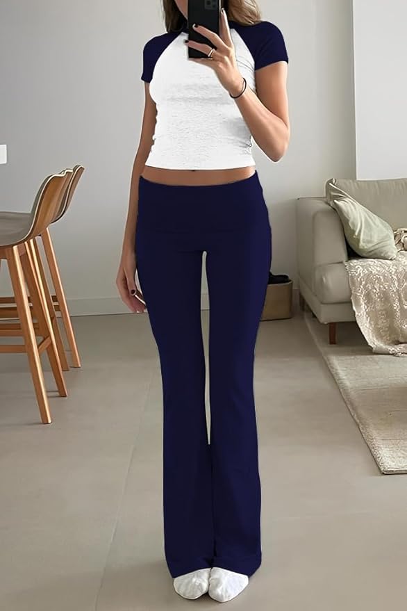 YETOWA Women's 2 Piece Lounge Outfits Slim Short Sleeve Tops Low Rise Flare Leggings Sets Yoga Sweatsuit