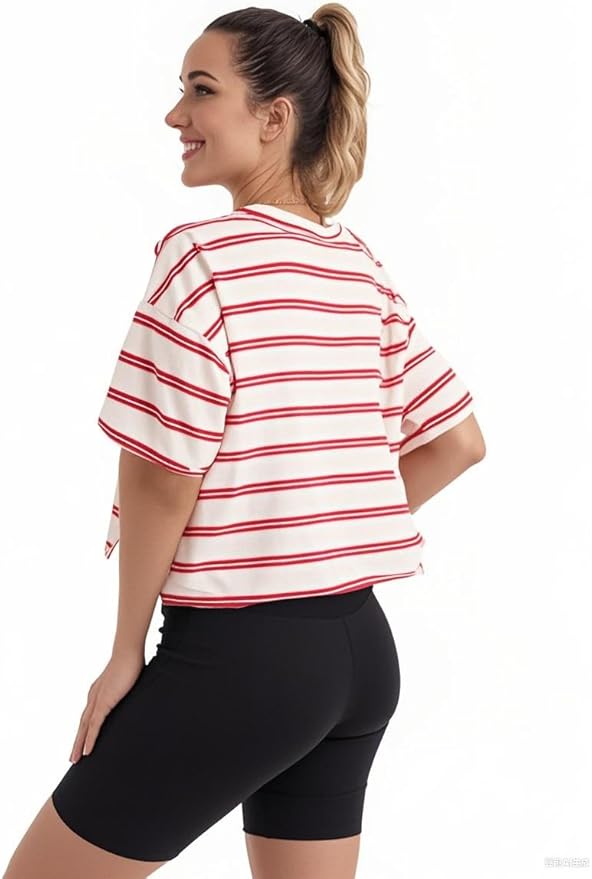 Women's Oversize Workout Crop Tops Casual Short Sleeve Drop Shoulder Boxy T-Shirts Roll Hem Basic Loose Yoga Running Tees