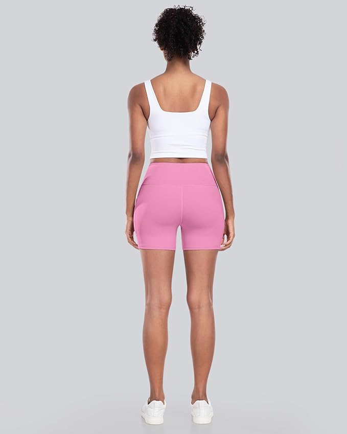CHRLEISURE Womens Biker Yoga Shorts with Pocket, High Waisted Tummy Control 5 Inch Workout Spandex Athletic Gym Shorts