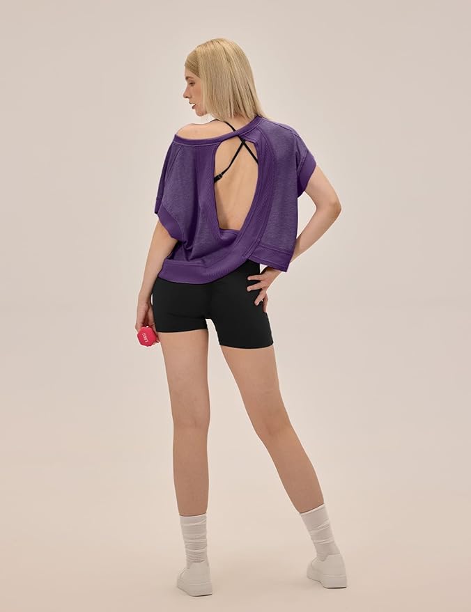 UNIANKIYA Open Back Workout Tops for Women Loose Fit Athletic Crop Tee Short Sleeve Gym Running Yoga Shirt