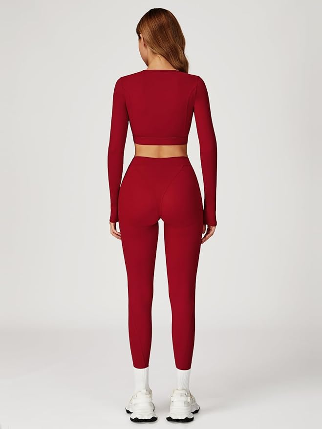 Women’s 2 Piece Workout Set Long Sleeve Crop Top & High Waist Leggings | Stretch Activewear for Gym & Yoga