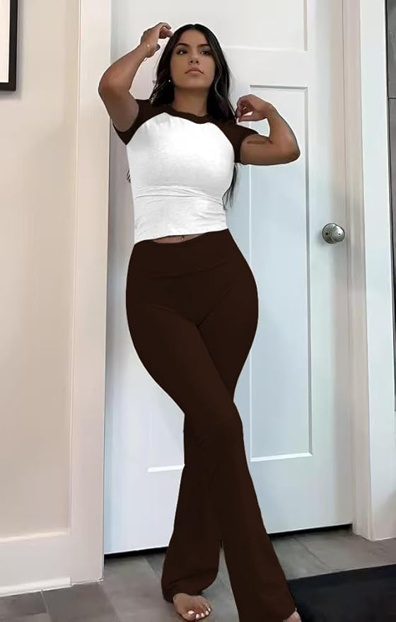 ZFLM Casual Workout Two Piece Outfits for Women Short Sleeve Crop High Waist Foldover Flare Pants Tracksuit Sets Streetwear