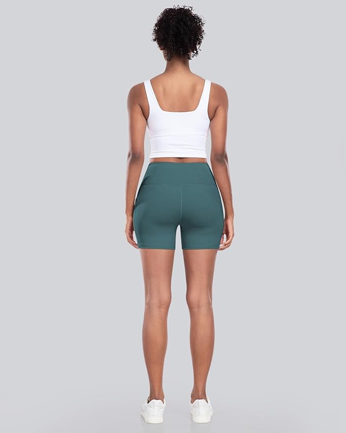 CHRLEISURE Womens Biker Yoga Shorts with Pocket, High Waisted Tummy Control 5 Inch Workout Spandex Athletic Gym Shorts